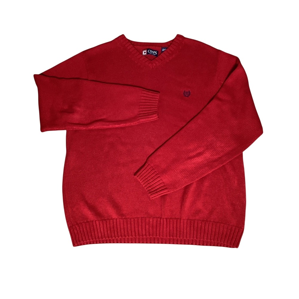 Chaps V-Neck Sweater Mens XL Red Cotton Preppy Classic Casual Minimalist Knit